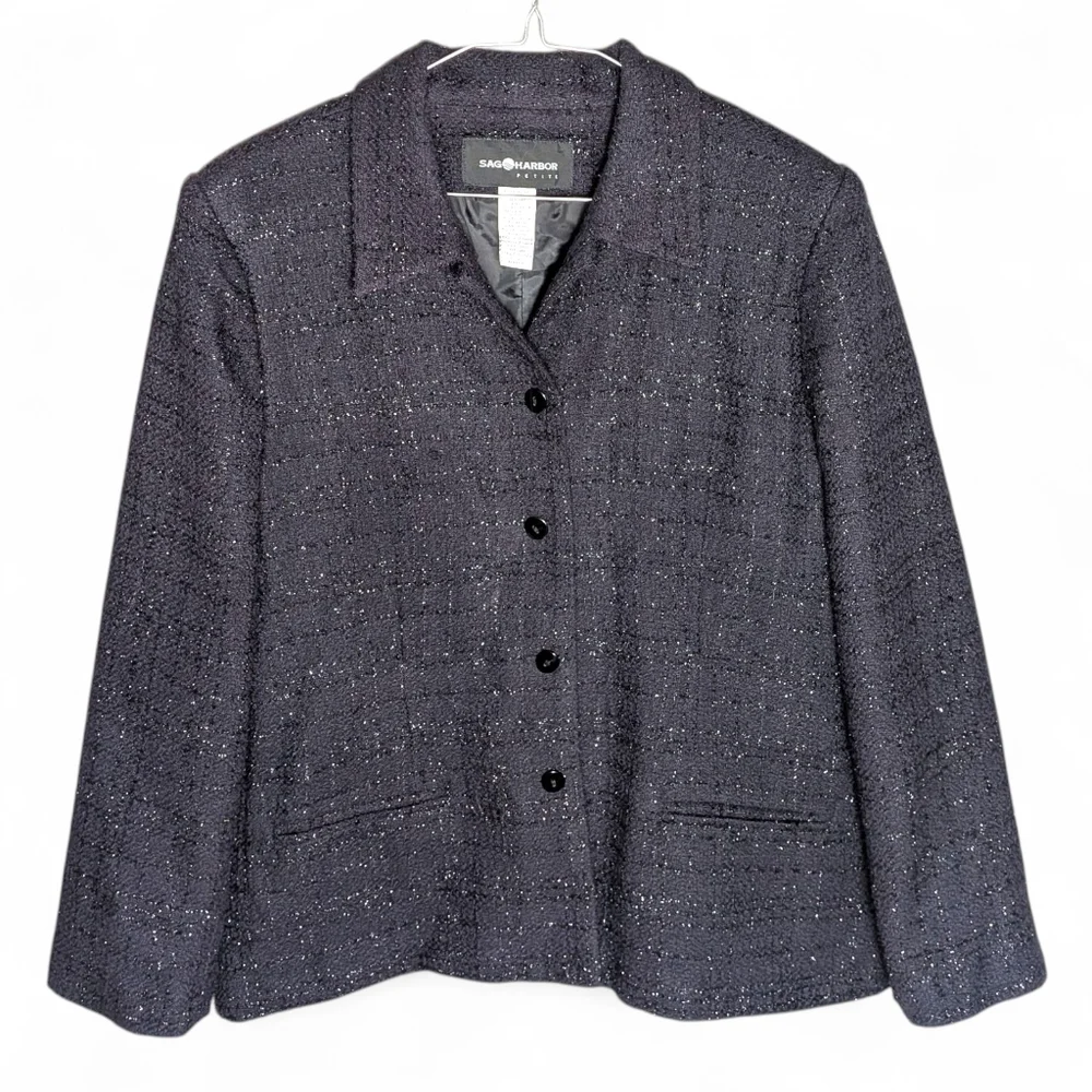 Sag Harbor Vintage Petite Black Metallic Tweed Blazer Classic Jacket Plus Size